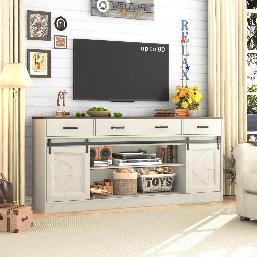 Large 70 Farmhouse Style Buffet Cabinet with Sliding Doors, 4 Drawers, and Coffee Bar Feature