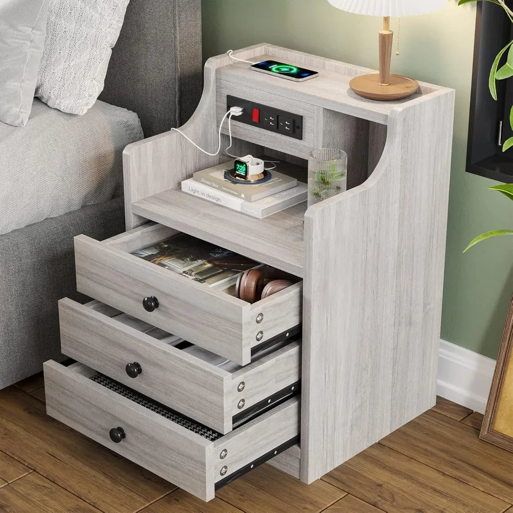 Nightstand with Charging Station & Storage Drawers,