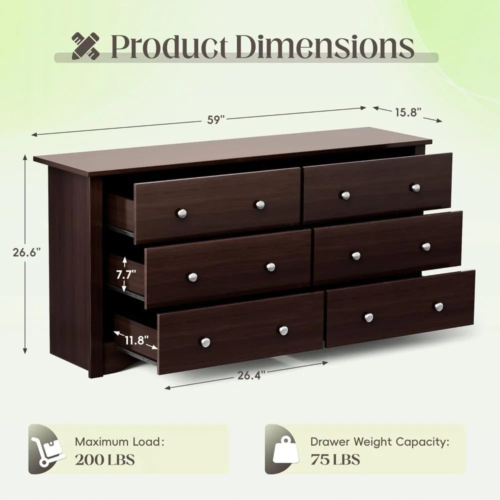 JUMMICO Dresser for Bedroom, 6 Wood Dresser Drawers, Wide Chest of Drawers, Storage Tower Unit Modern Design Bedroom Living Room
