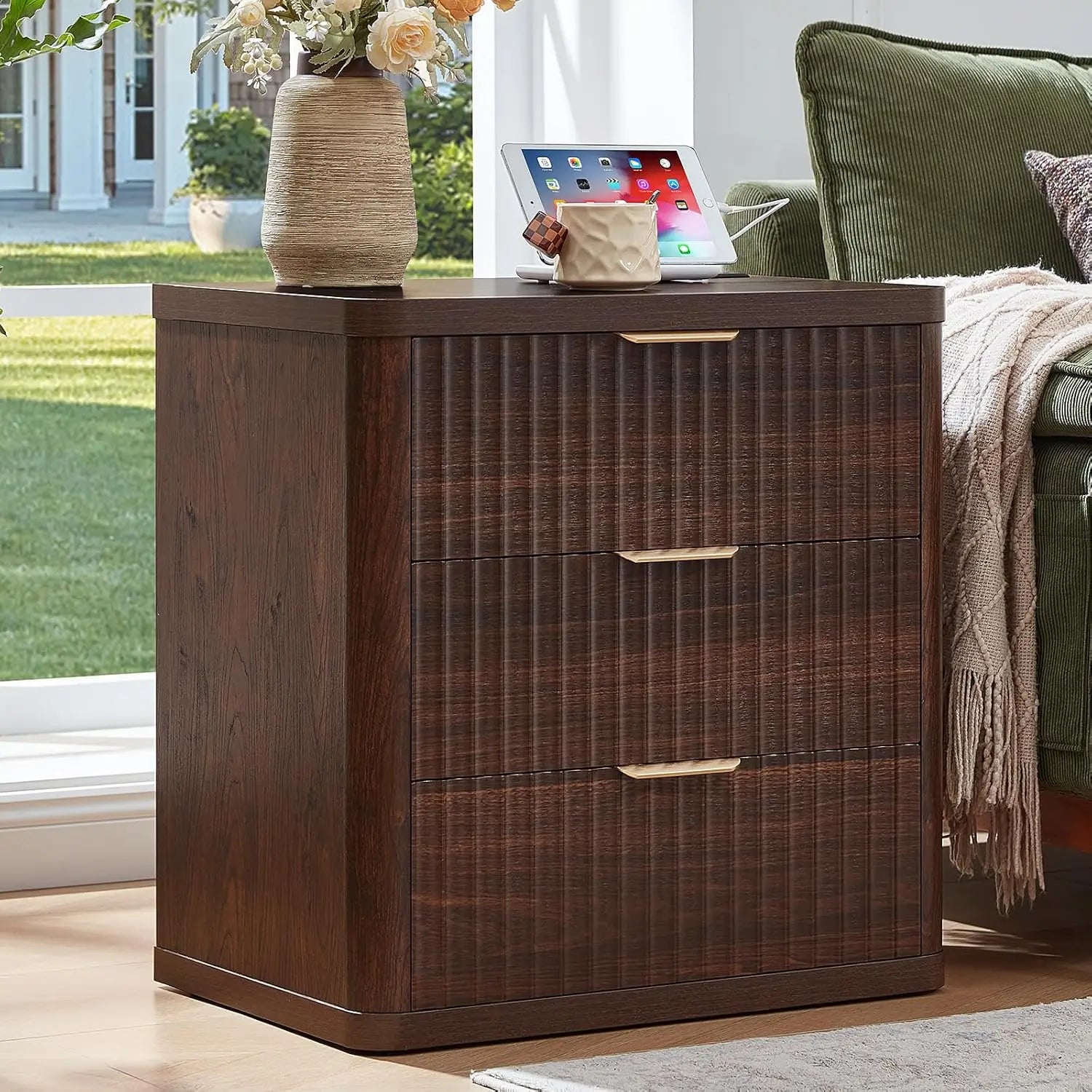 23" Wide Fluted Night Stand with Charging Station, 3 Drawers