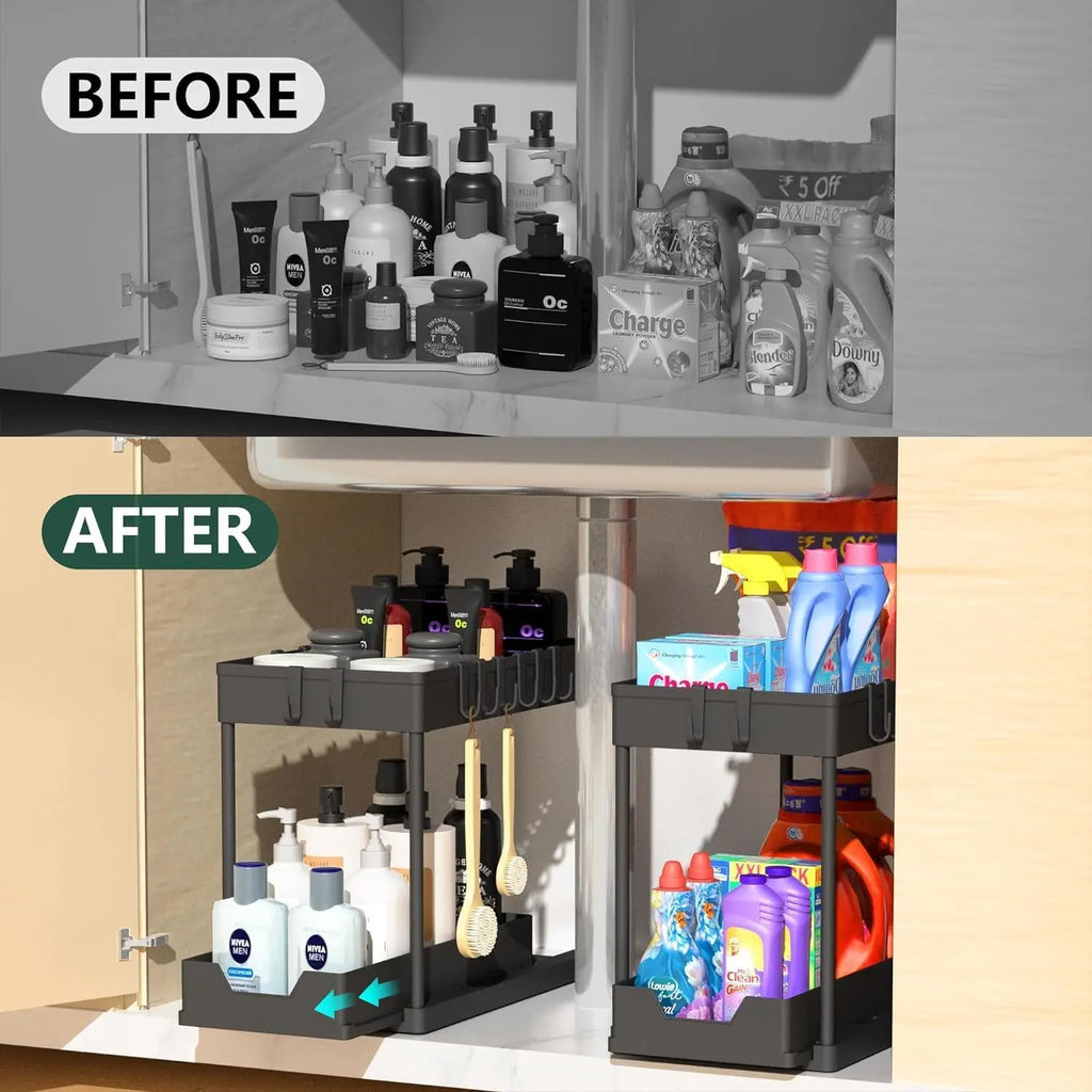 Under-sink storage rack for bathrooms, and countertops
