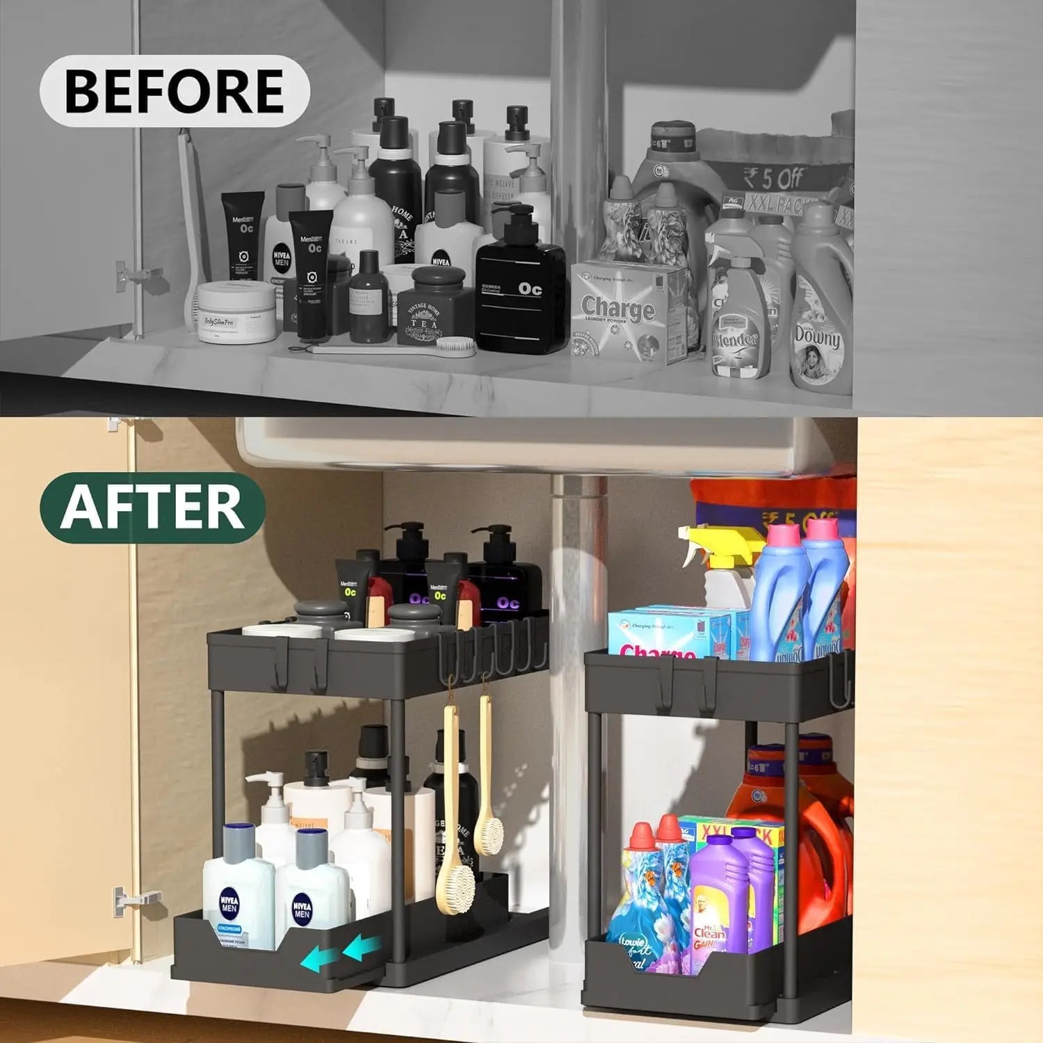 Under-sink storage rack for bathrooms, and countertops