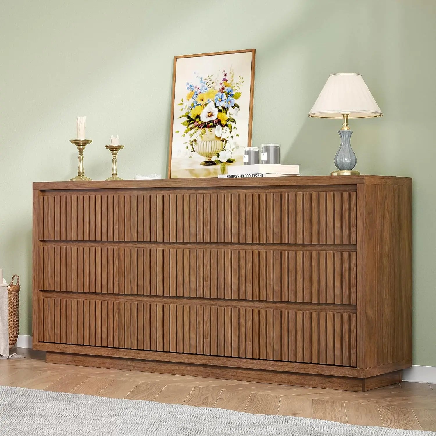 Fluted 9 Drawer Dresser for Bedroom, 58" Wide Vintage Chest of Drawers