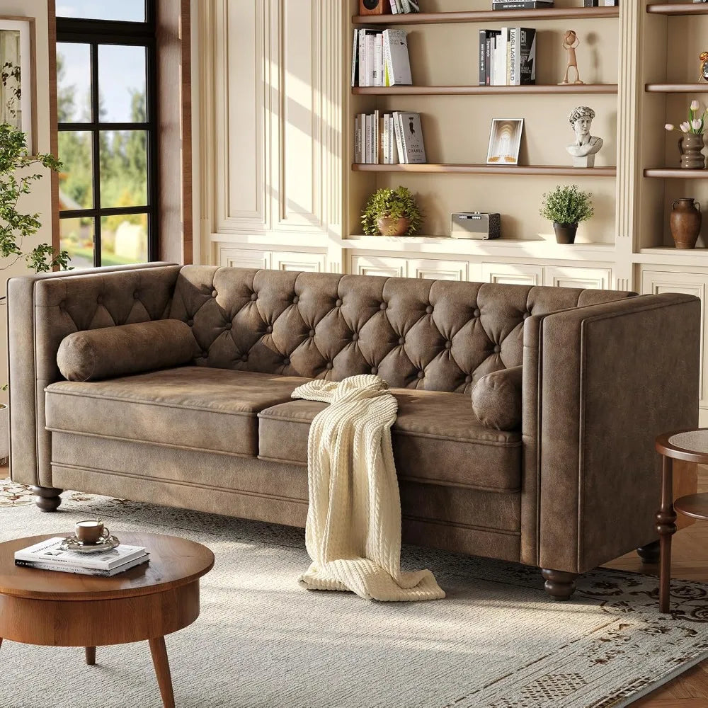 79'' Chesterfield Sofa, Faux Leather Button-Tufted Couch with Deep Seat