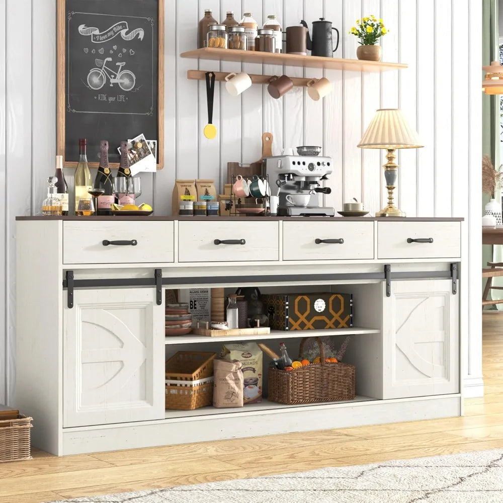 Large 70 Farmhouse Style Buffet Cabinet with Sliding Doors, 4 Drawers, and Coffee Bar Feature