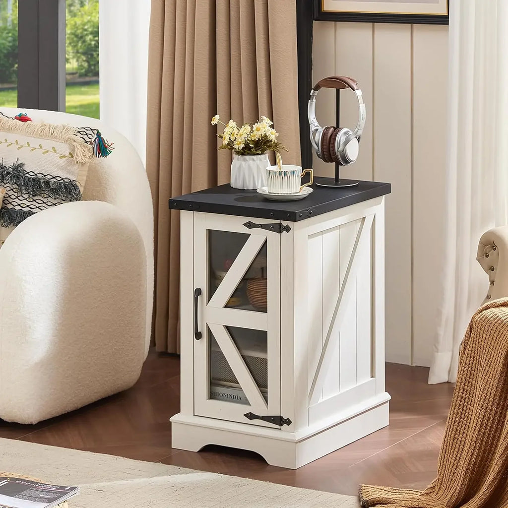 Farmhouse End Table Set 3, Narrow 18'' Night Stand with Glass Barn Door, 24" Square Side Table with Charger, Customized