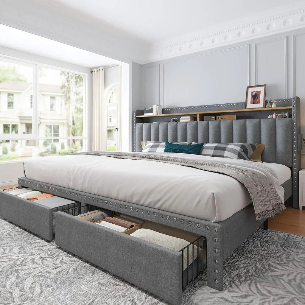 King Size Bed Frame, Upholstered King Bed Frame with 2 Storage Drawers