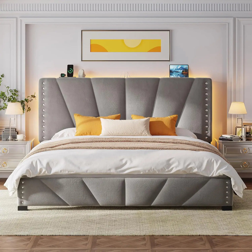 Velvet Headboard and LED Lights， Storage Headboard Platform Bed with Charging Station