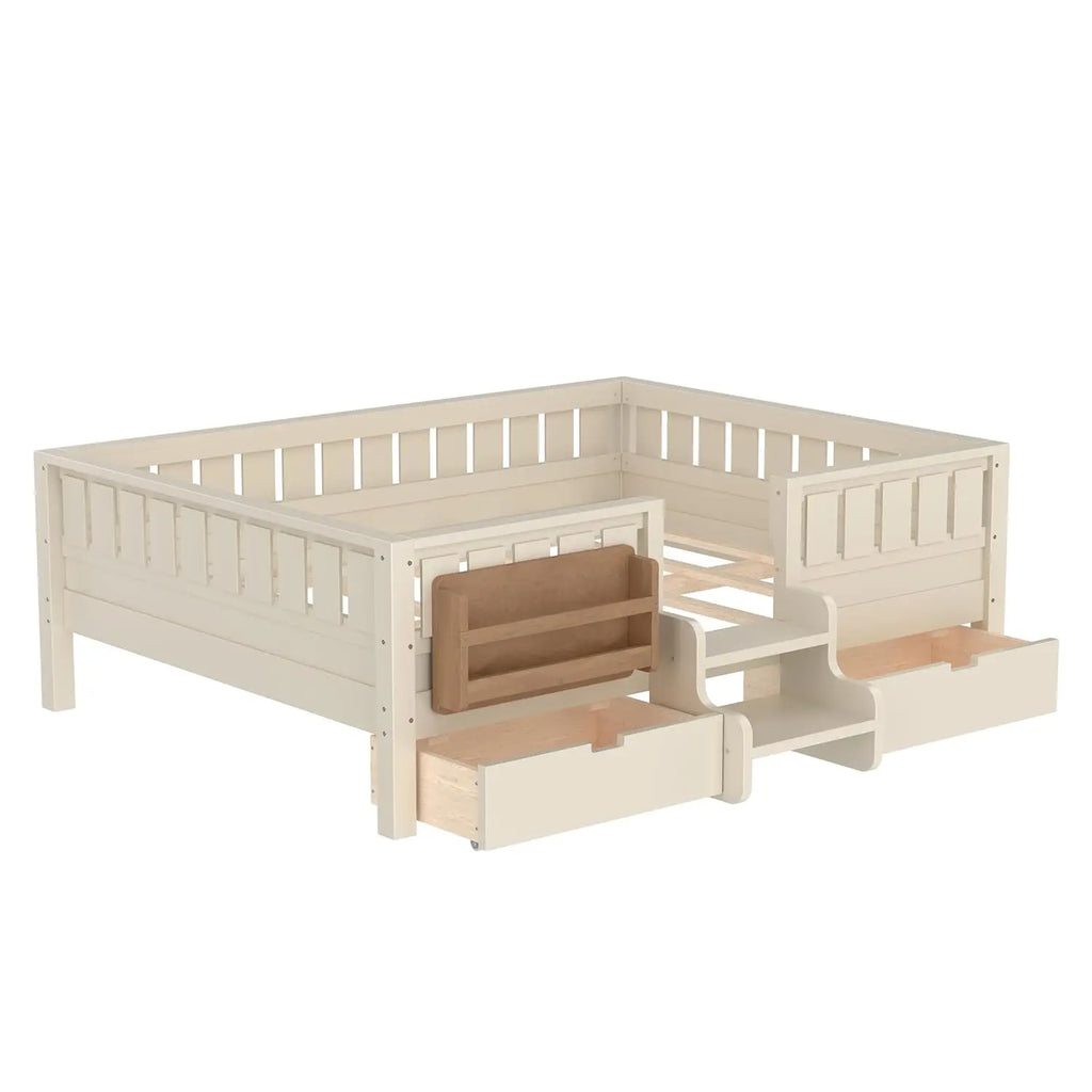Full Size Kids Montessori Bed Frame with Stairs Bookshelf Drawers Storage Low Profile, Customized