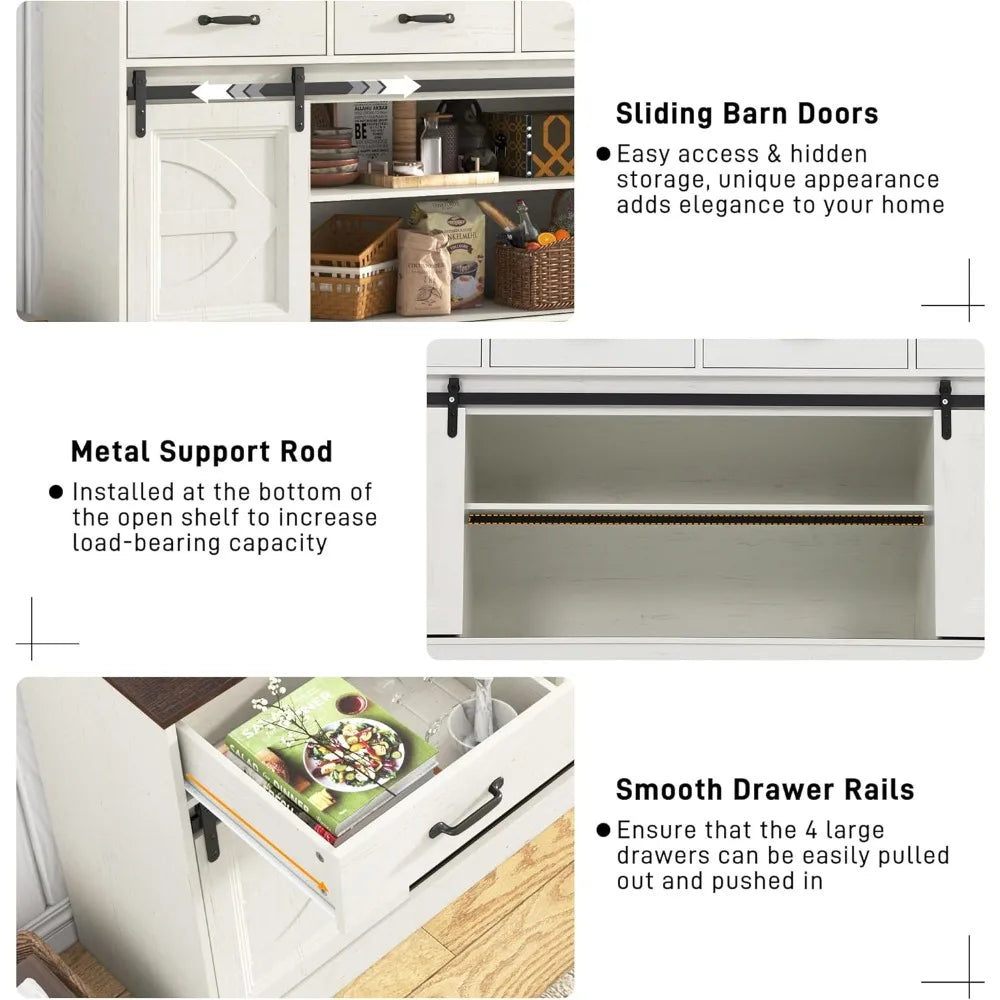 Large 70 Farmhouse Style Buffet Cabinet with Sliding Doors, 4 Drawers, and Coffee Bar Feature
