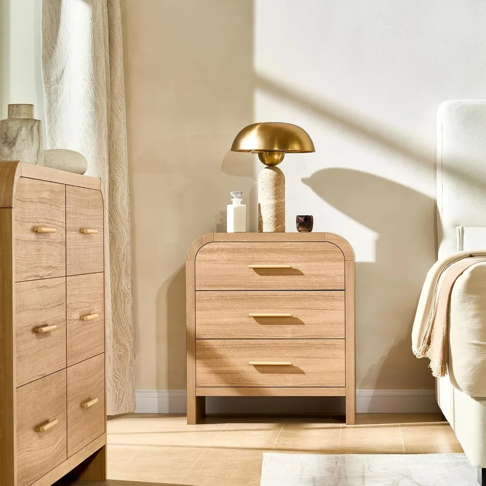 Set of 2, Curved Modern Night Stand with 3-Drawer