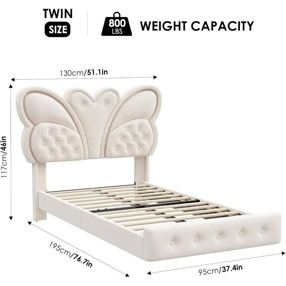 Modern Butterfly-Pattern Twin Bed Frame with LED Lights, Button Tufted Upholstered Headboard and Footboard, Slat Support