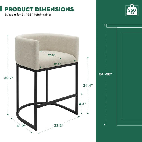 3-Piece Counter Height Bar Stools Set, 24 Inch Fabric Upholstered Kitchen Island Chairs with Metal Legs, Beige