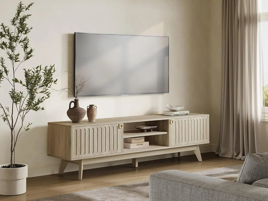 Modern TV Stand for 65/75/80 Inch TV,Long 70" TV Stand Entertainment Center with 2 Storage Cabinets,Fluted-Door Media TV Console
