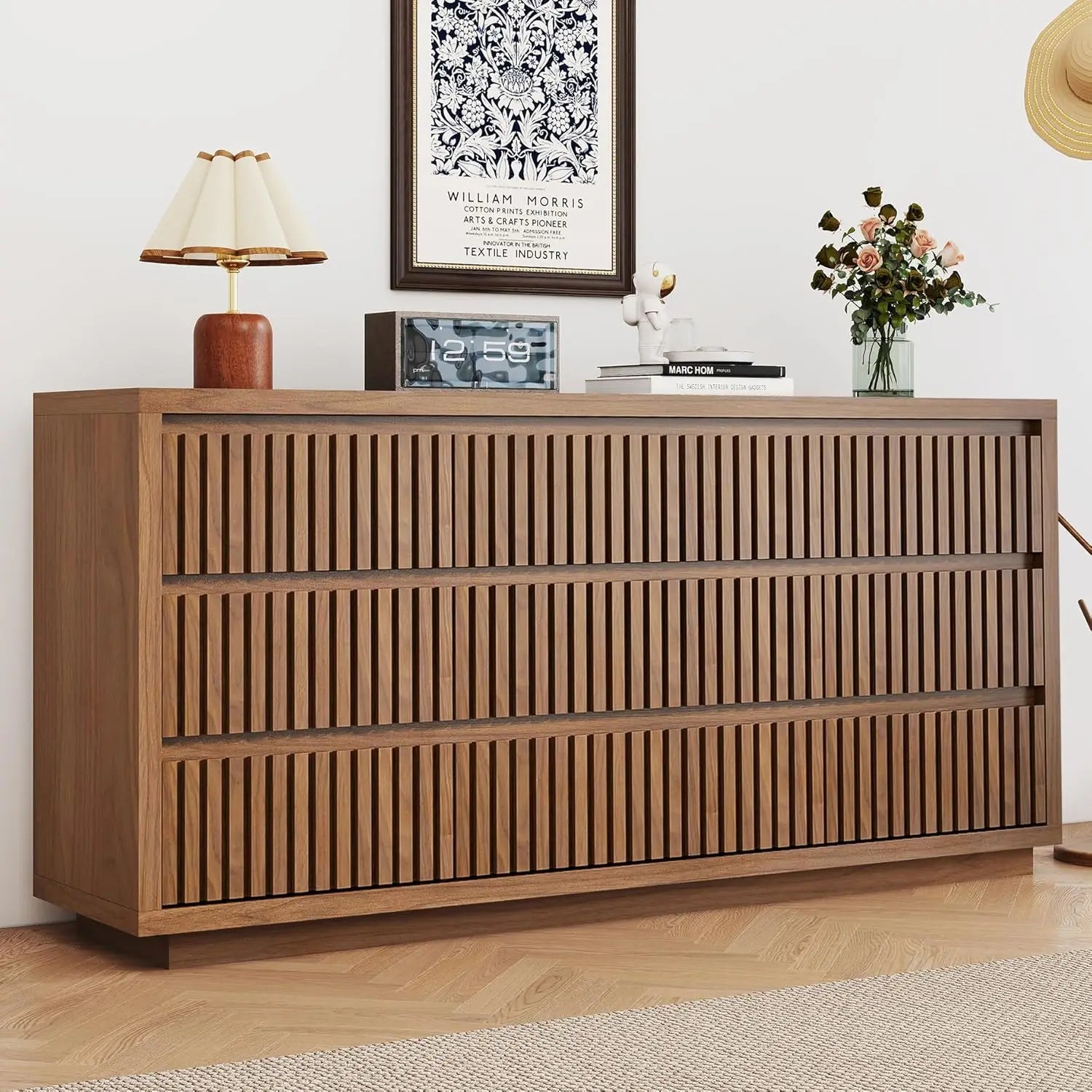 Fluted 9 Drawer Dresser for Bedroom, 58" Wide Vintage Chest of Drawers