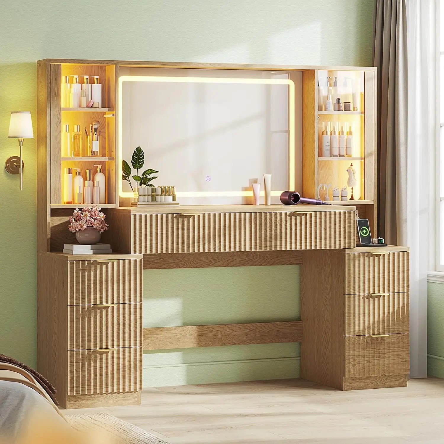 59.1" Fluted Wood Makeup Vanity Desk with Mirror and Sound Sync LED Lights