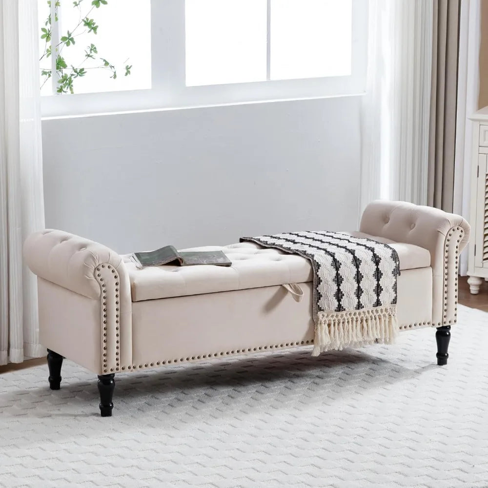 67'' Velvet Storage Bench for King Size Bed, Upholstered Tufted Ottoman with Arms for Bedroom, Living Room, Entryway in Beige