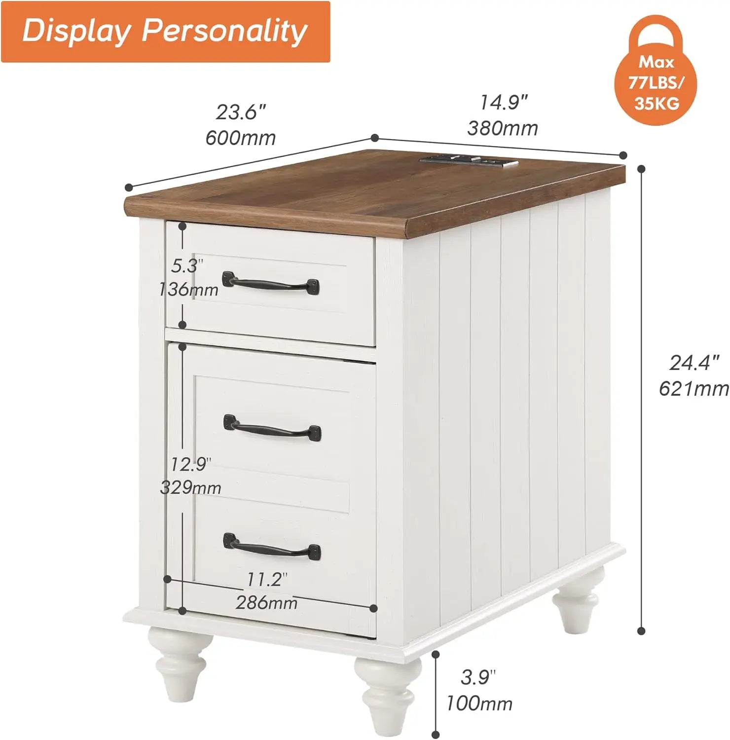 End Table with Charging Station, White Side Table with Storage Cabinet and Drawer, Wood Nightstand with Power Outlets & USB Port