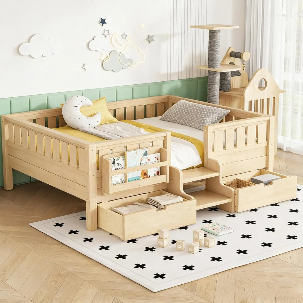Full Size Kids Montessori Bed Frame with Stairs Bookshelf Drawers Storage Low Profile, Customized