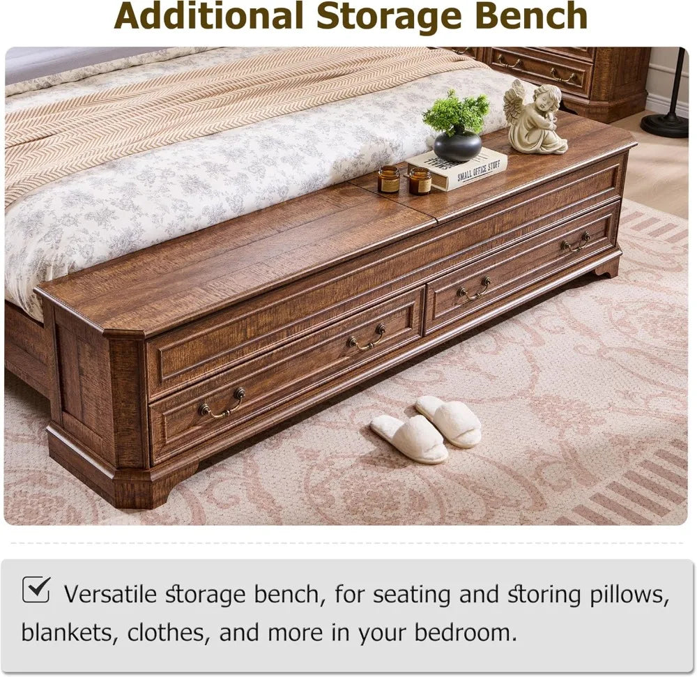 Rustic Wood King Bed with Storage Bench and 4 Large Drawers, Dark Brown Farmhouse Platform Bed