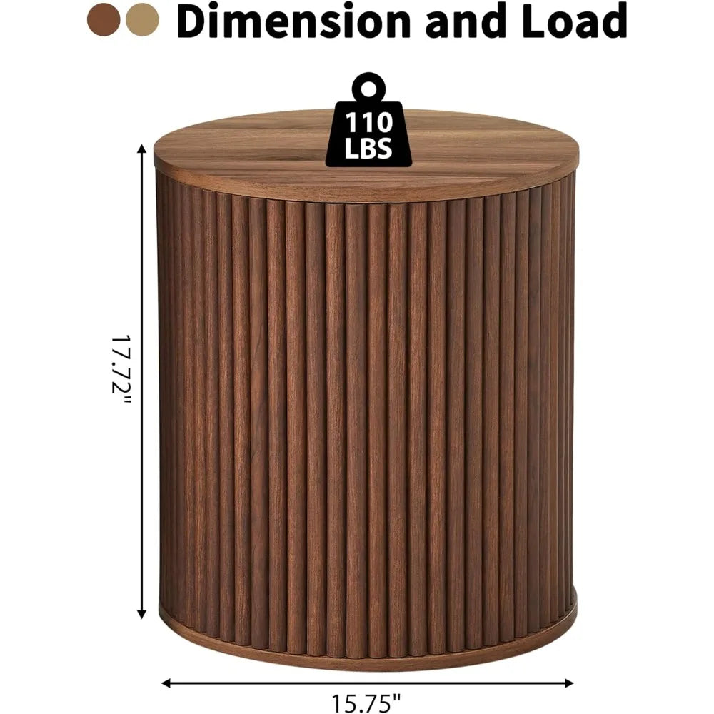 Fluted Side Table Set of 2, 15.7 Mid-Century Modern End Table with Storage, Wooden Bedside Table Round Nightstand Small Ci