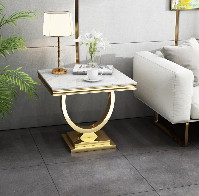 White Marble Coffee Table with Mirrored Stainless Steel Metal Base, Rectangle Faux Marble Top Coffee Table Center Tea