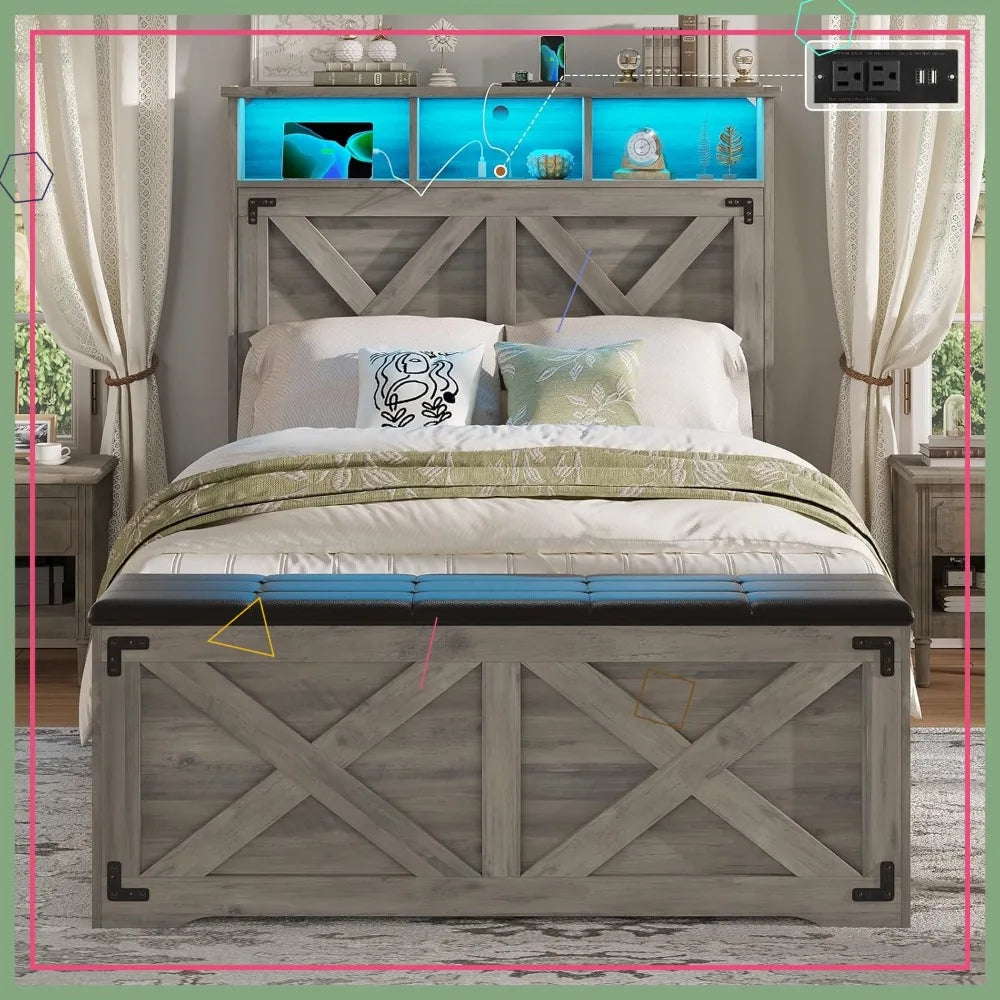 Farmhouse Twin Bed Frame with Storage Headboard, Charging Station, LED Lights & Ottoman - No Box Spring
