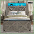 Farmhouse Twin Bed Frame with Storage Headboard, Charging Station, LED Lights & Ottoman - No Box Spring
