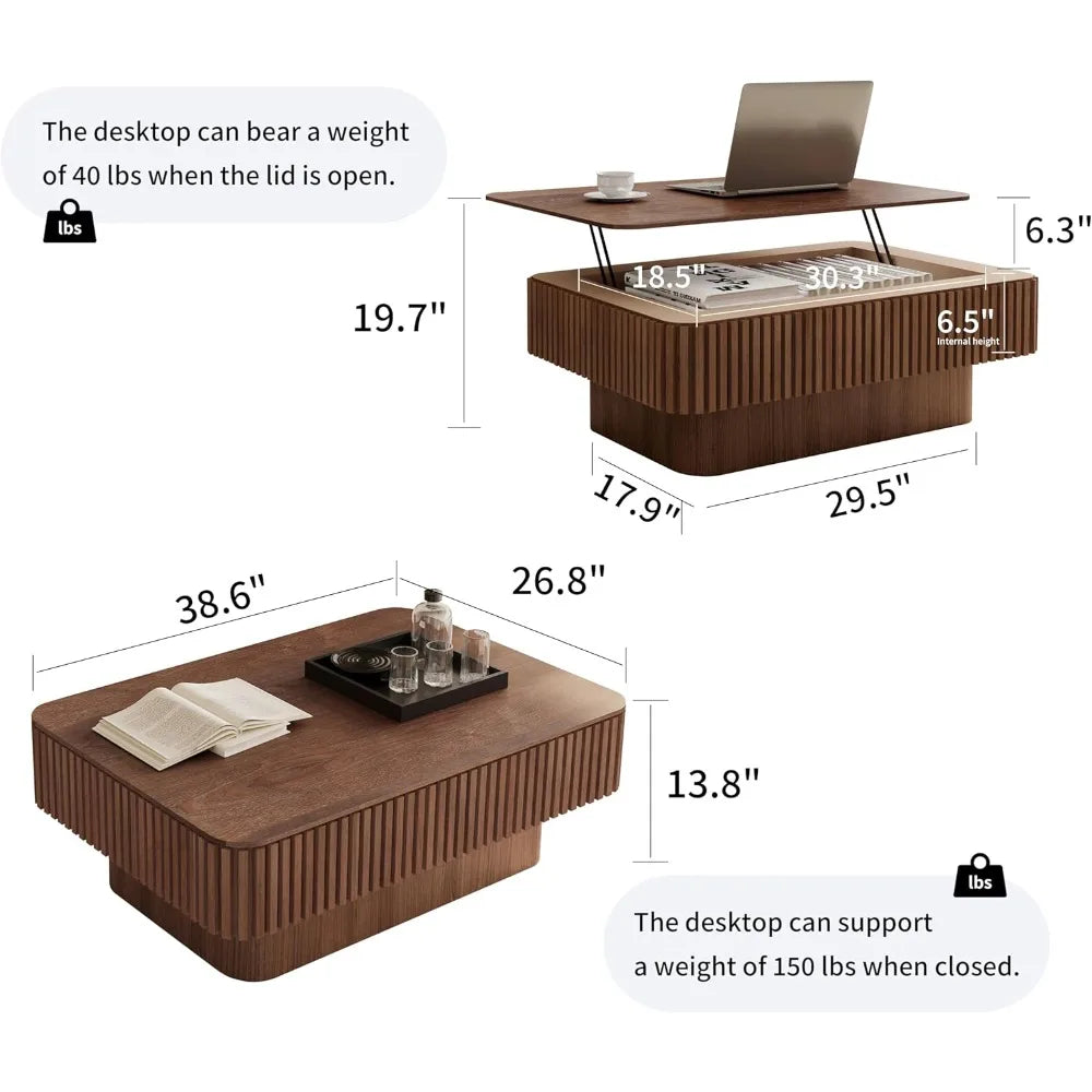 Modern Lift Top Coffee Table with Storage, Walnut Wood Fluted Design for Living Room Office
