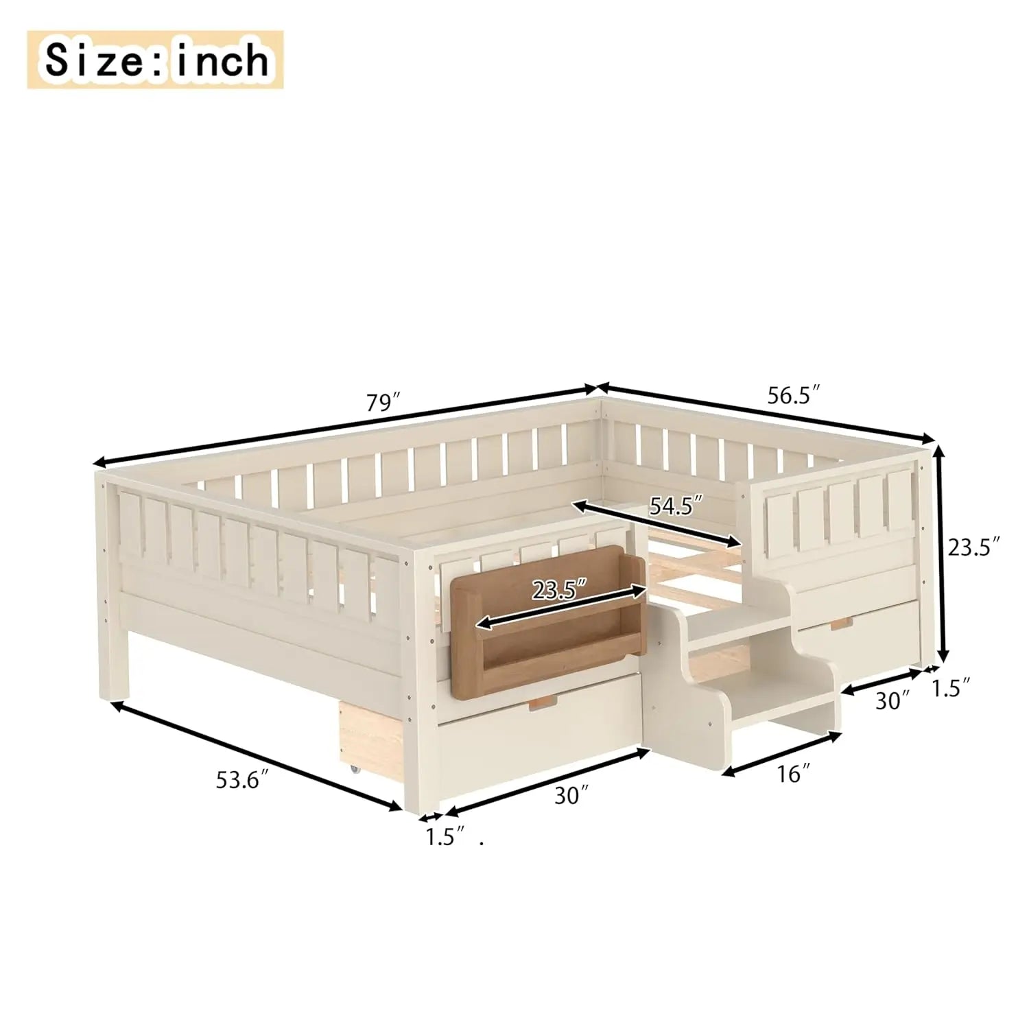 Full Size Kids Montessori Bed Frame with Stairs Bookshelf Drawers Storage Low Profile, Customized
