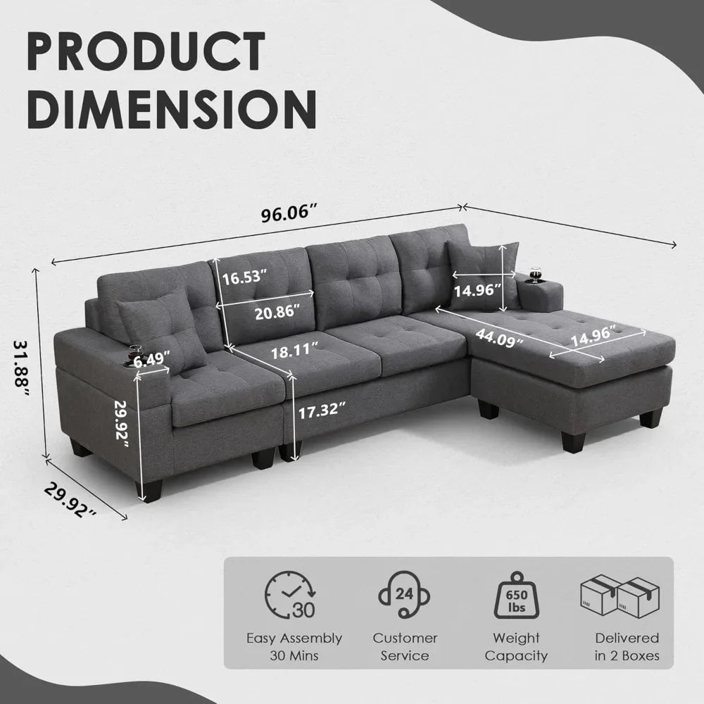 Sectional Sofa Couch,  Reversible Chaise Lounge