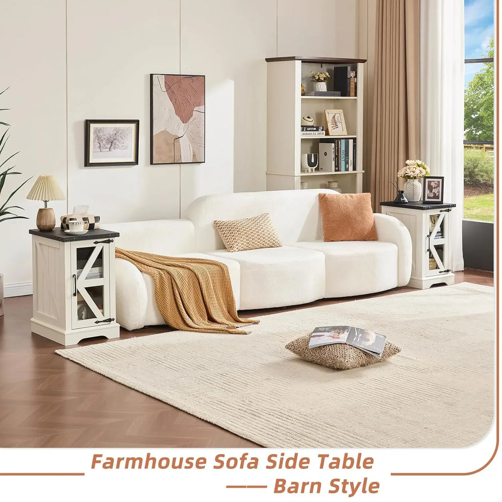 Farmhouse End Table Set 3, Narrow 18'' Night Stand with Glass Barn Door, 24" Square Side Table with Charger, Customized