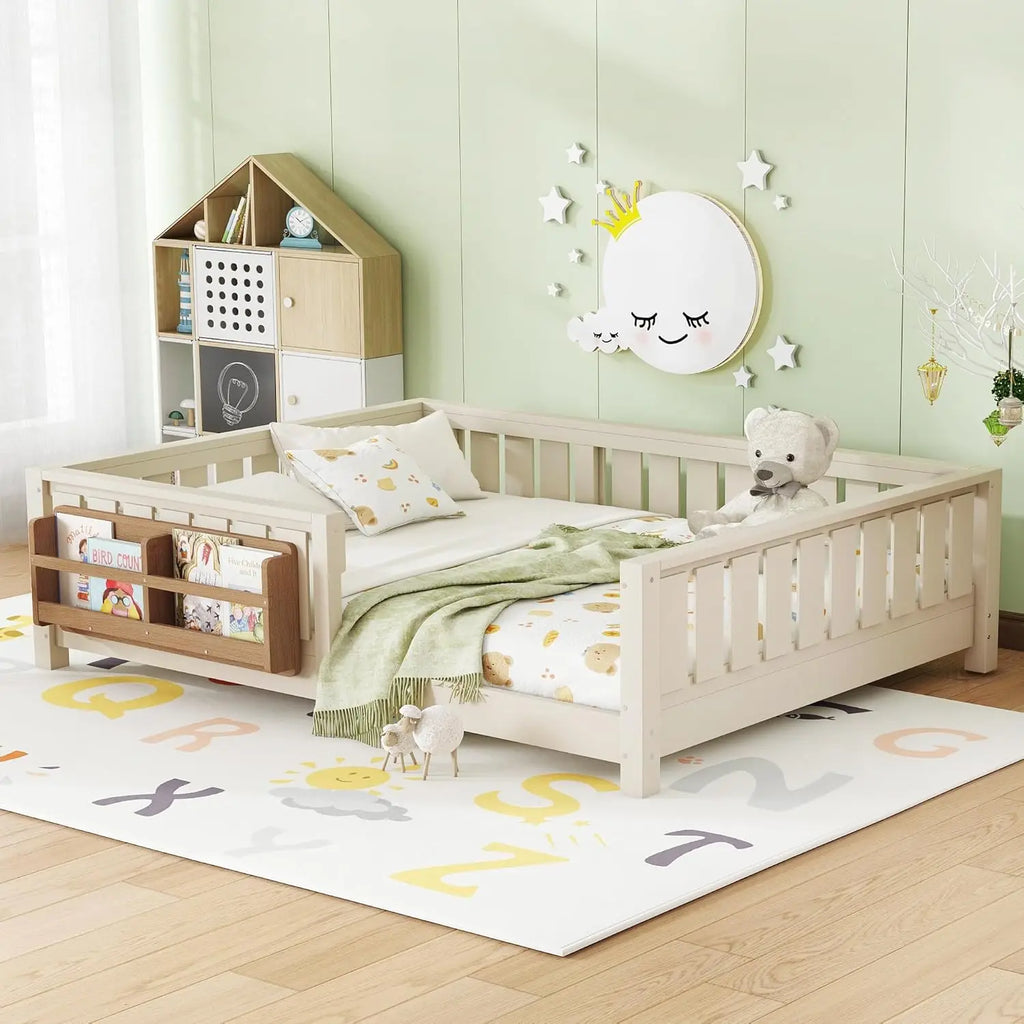 Full Size Kids Montessori Bed Frame with Stairs Bookshelf Drawers Storage Low Profile, Customized