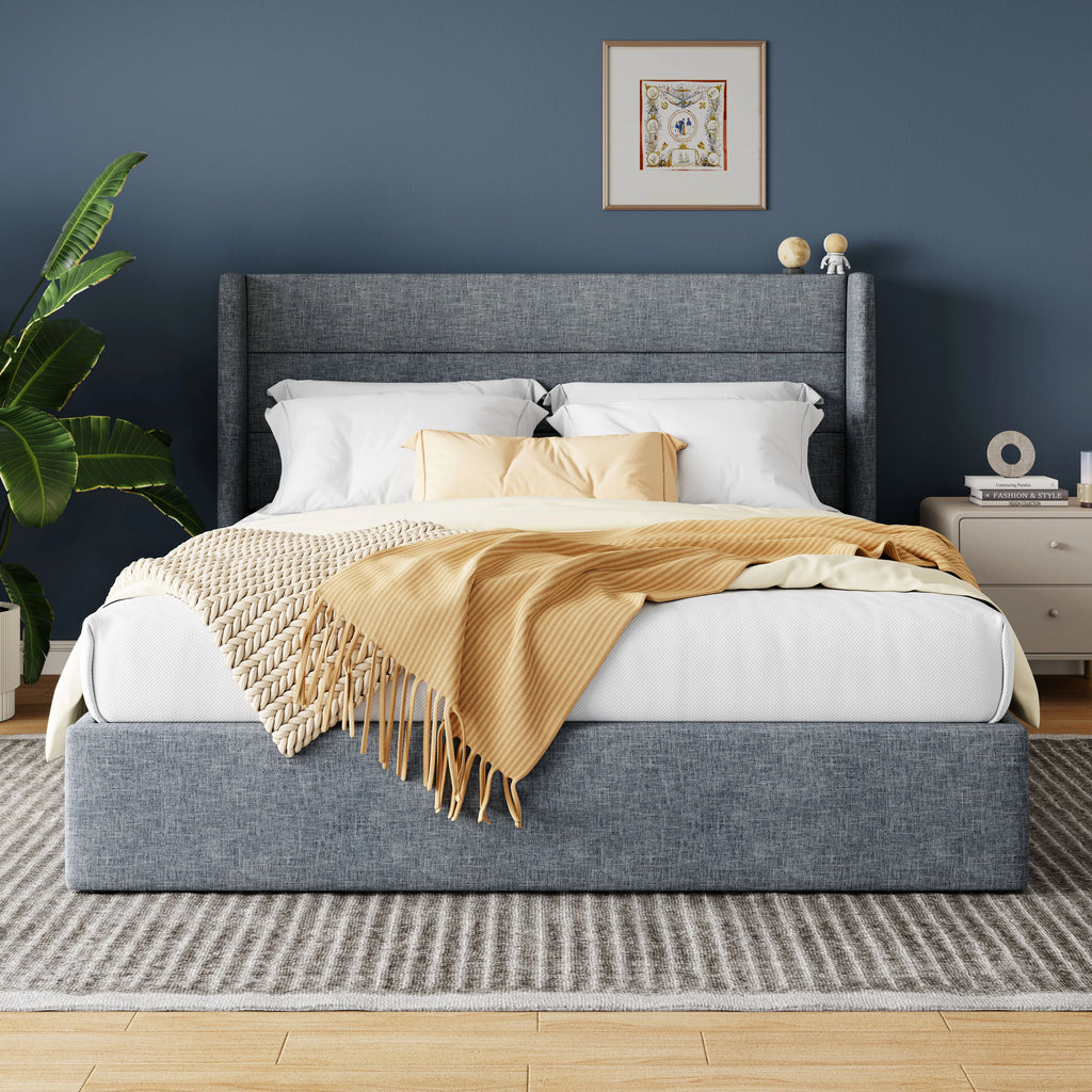 Lift Up Storage Bed with Wingback Headboard Large Underneath Storage
