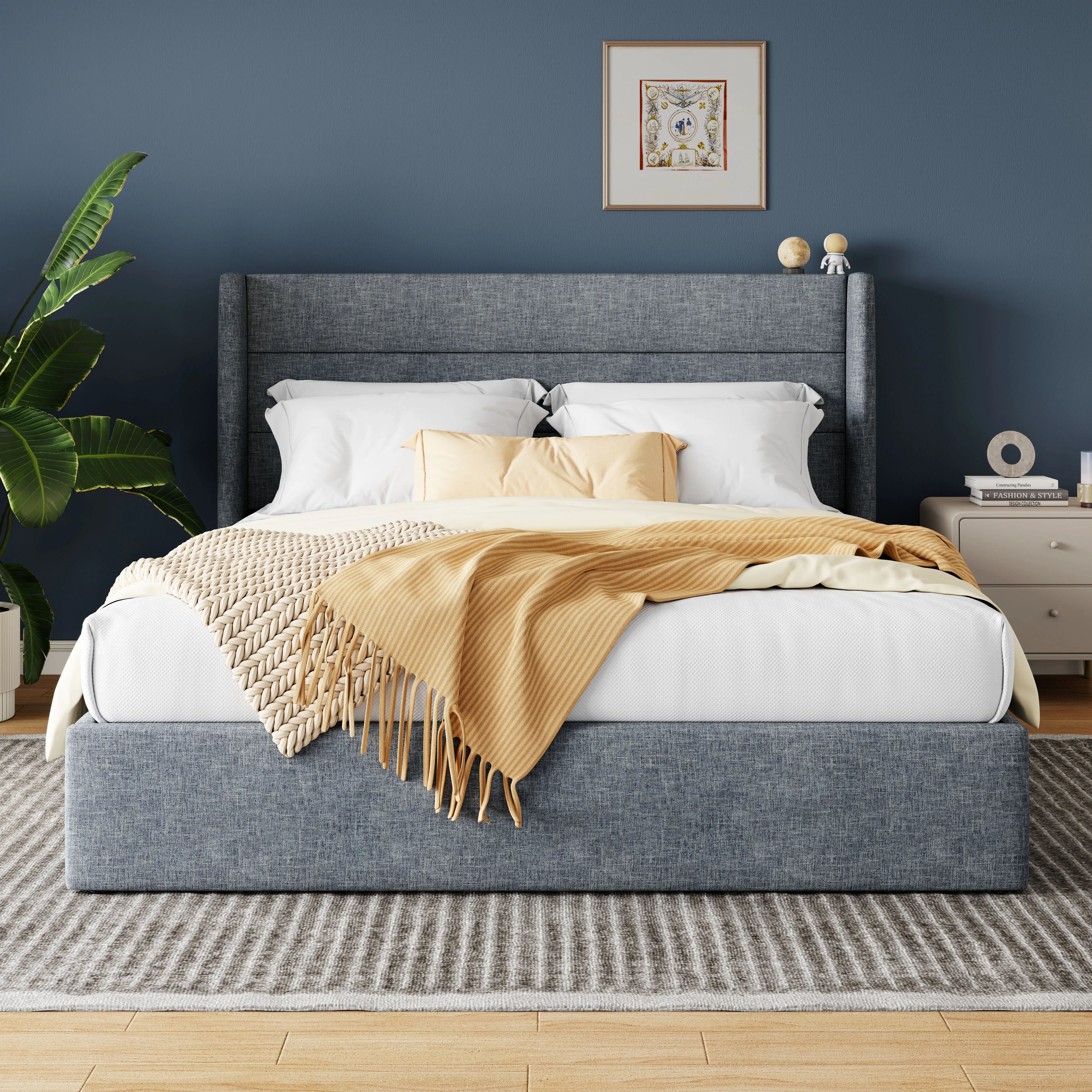 Lift Up Storage Bed with Wingback Headboard Large Underneath Storage