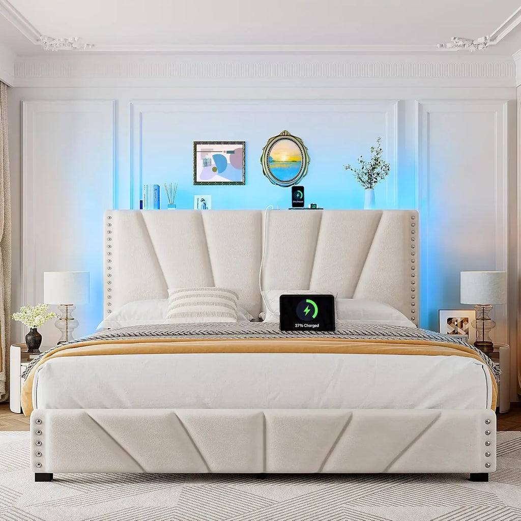 Velvet Headboard and LED Lights， Storage Headboard Platform Bed with Charging Station