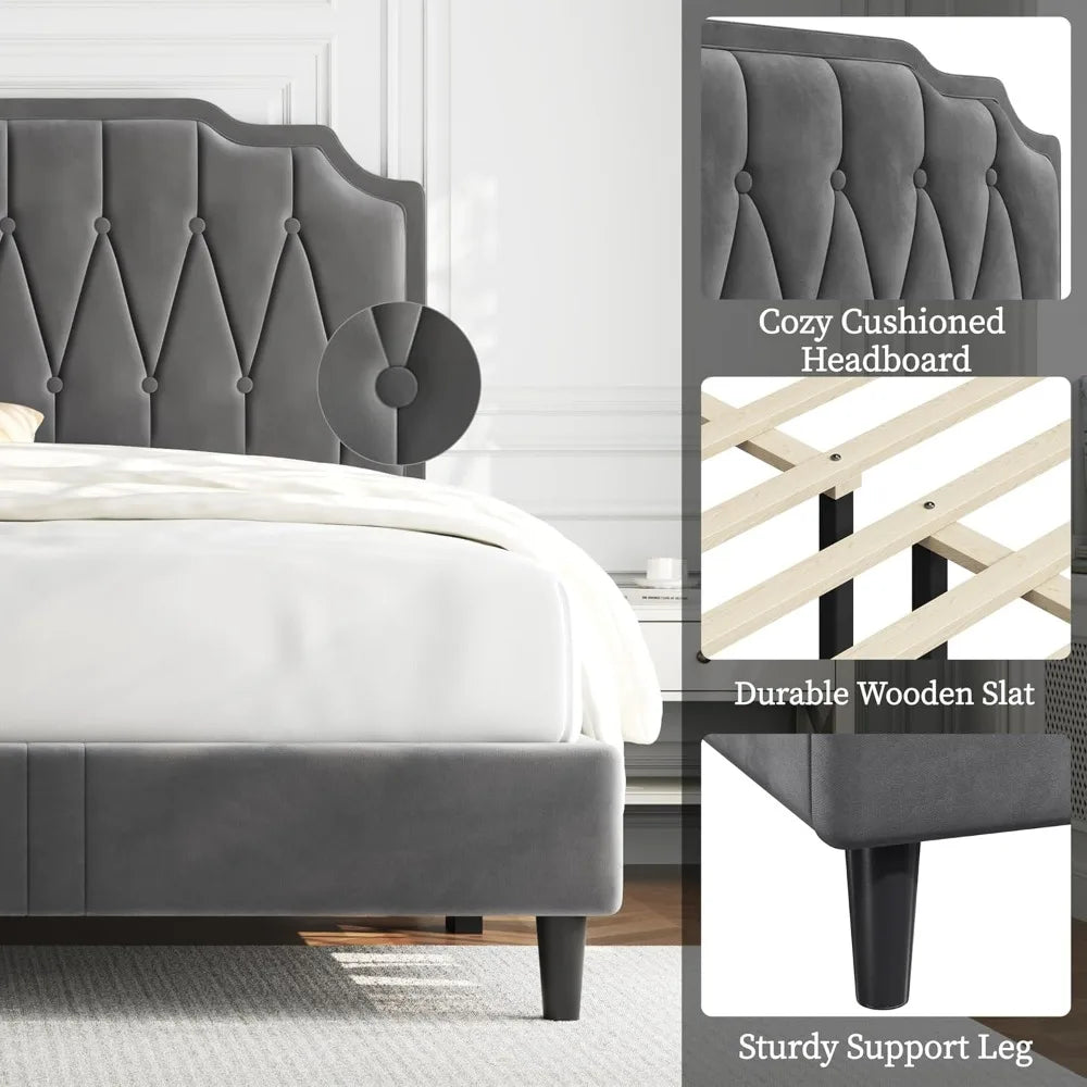 Queen Bed Frame Velvet Upholstered Platform Bed with Curved Headboard