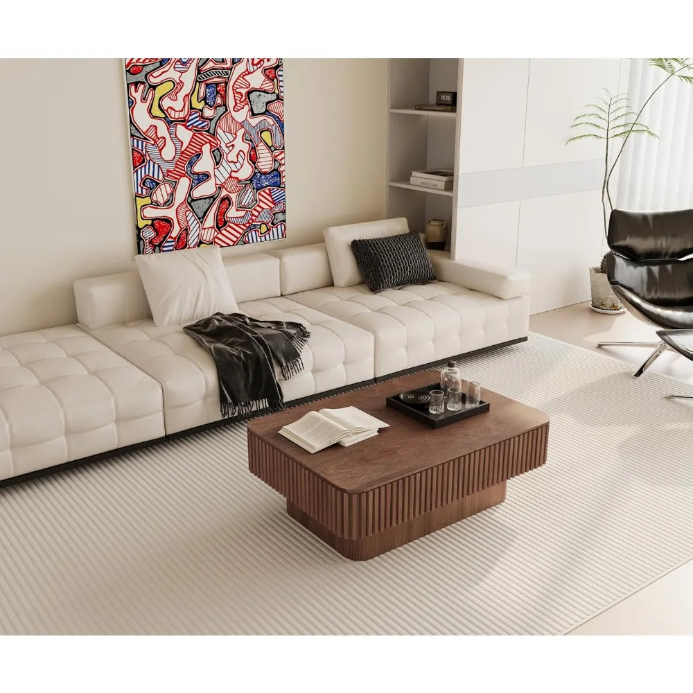Modern Lift Top Coffee Table with Storage, Walnut Wood Fluted Design for Living Room Office