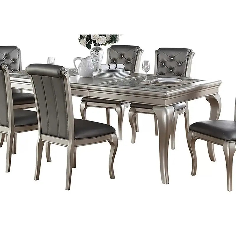 7pc Rect. Glass Dining Table Set w/ Silver Hue & 6 Tufted Side Chairs