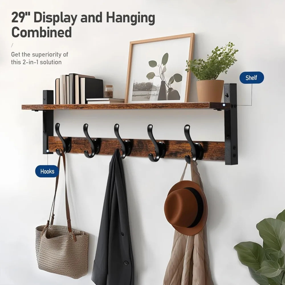 29' Rustic Coat Rack Wall Mount with Shelf, Entryway Wall Hooks with Shelf, Coat Hangers for Bathroom, Living Room, Bedroom