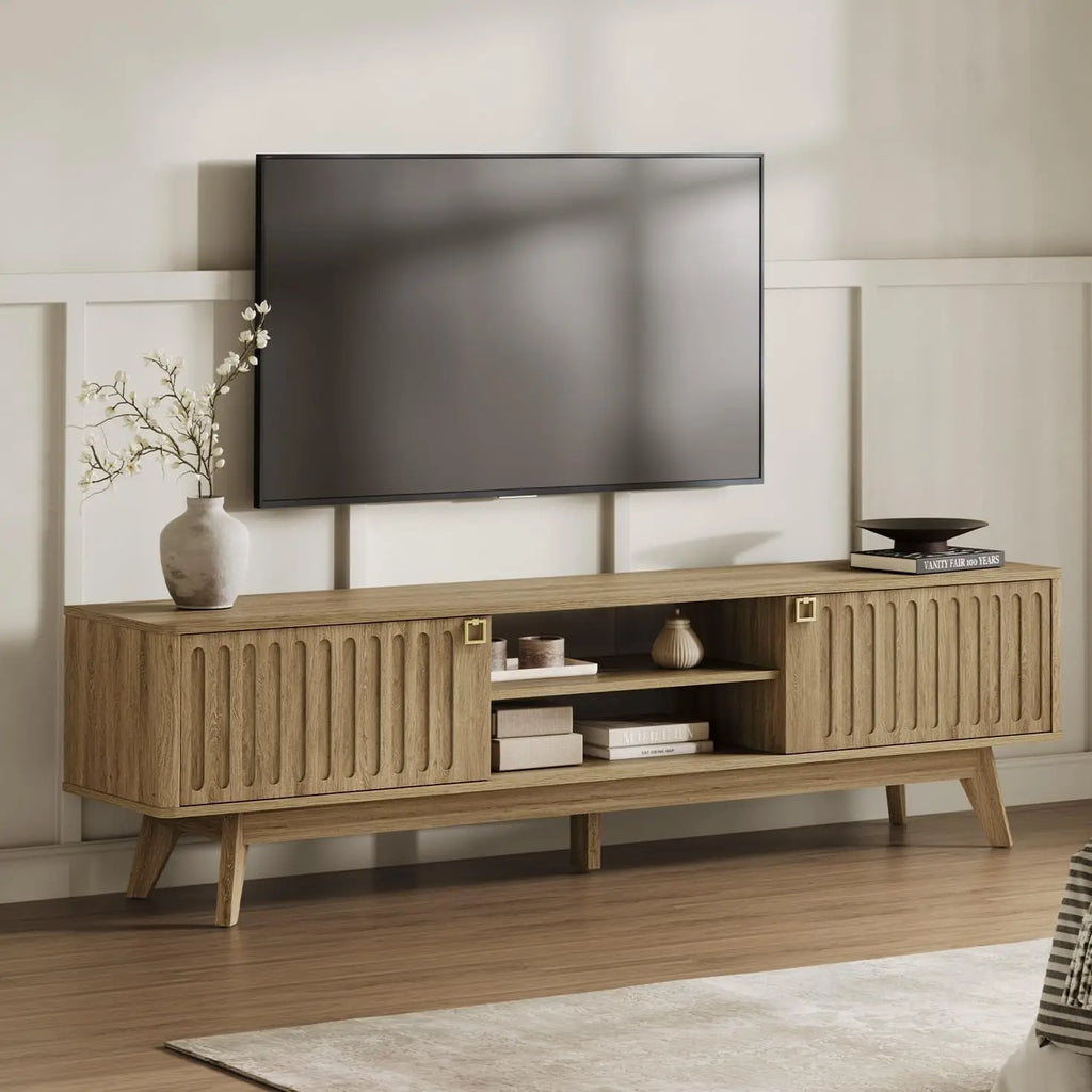 Modern TV Stand for 65/75/80 Inch TV,Long 70" TV Stand Entertainment Center with 2 Storage Cabinets,Fluted-Door Media TV Console