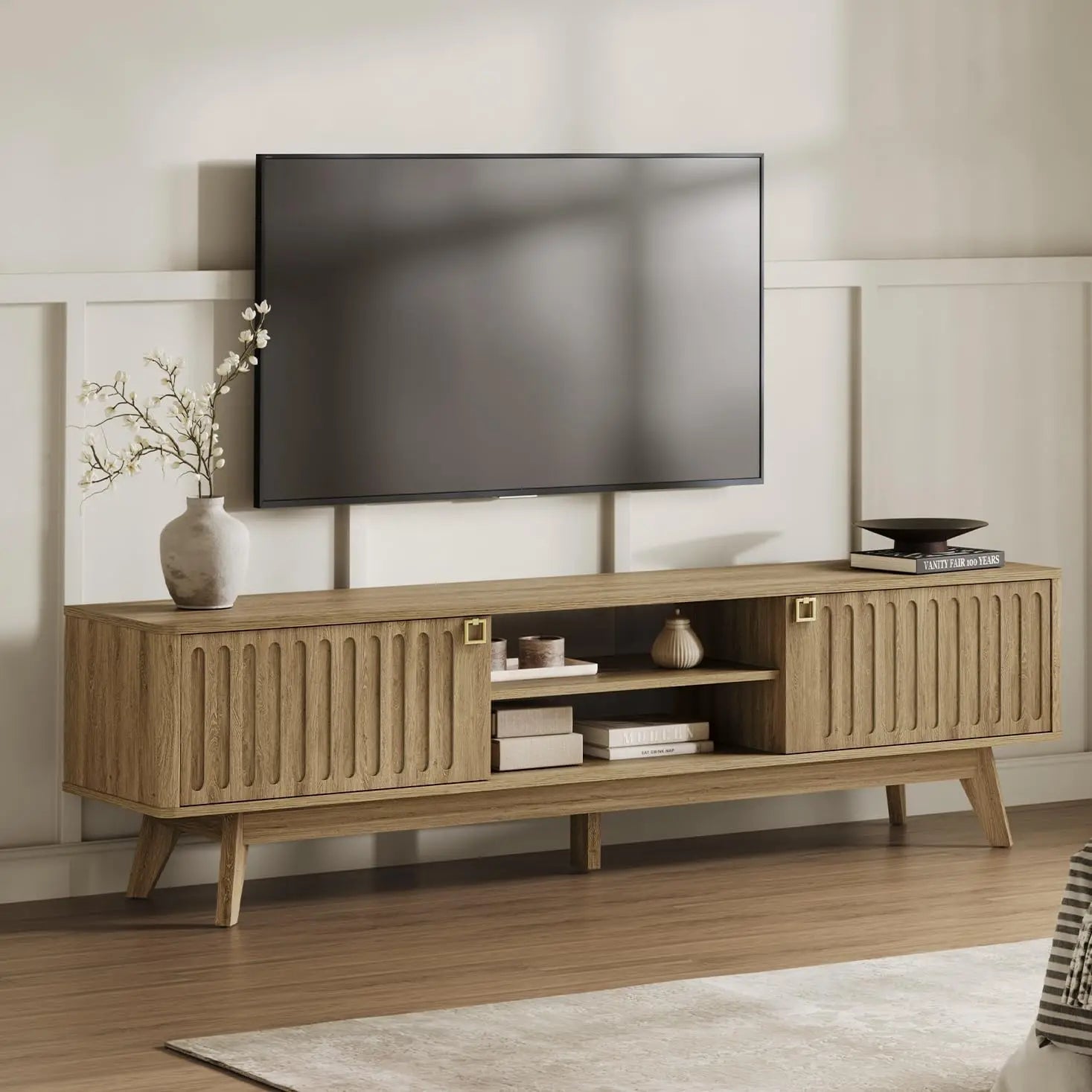 Modern TV Stand for 65/75/80 Inch TV,Long 70" TV Stand Entertainment Center with 2 Storage Cabinets,Fluted-Door Media TV Console