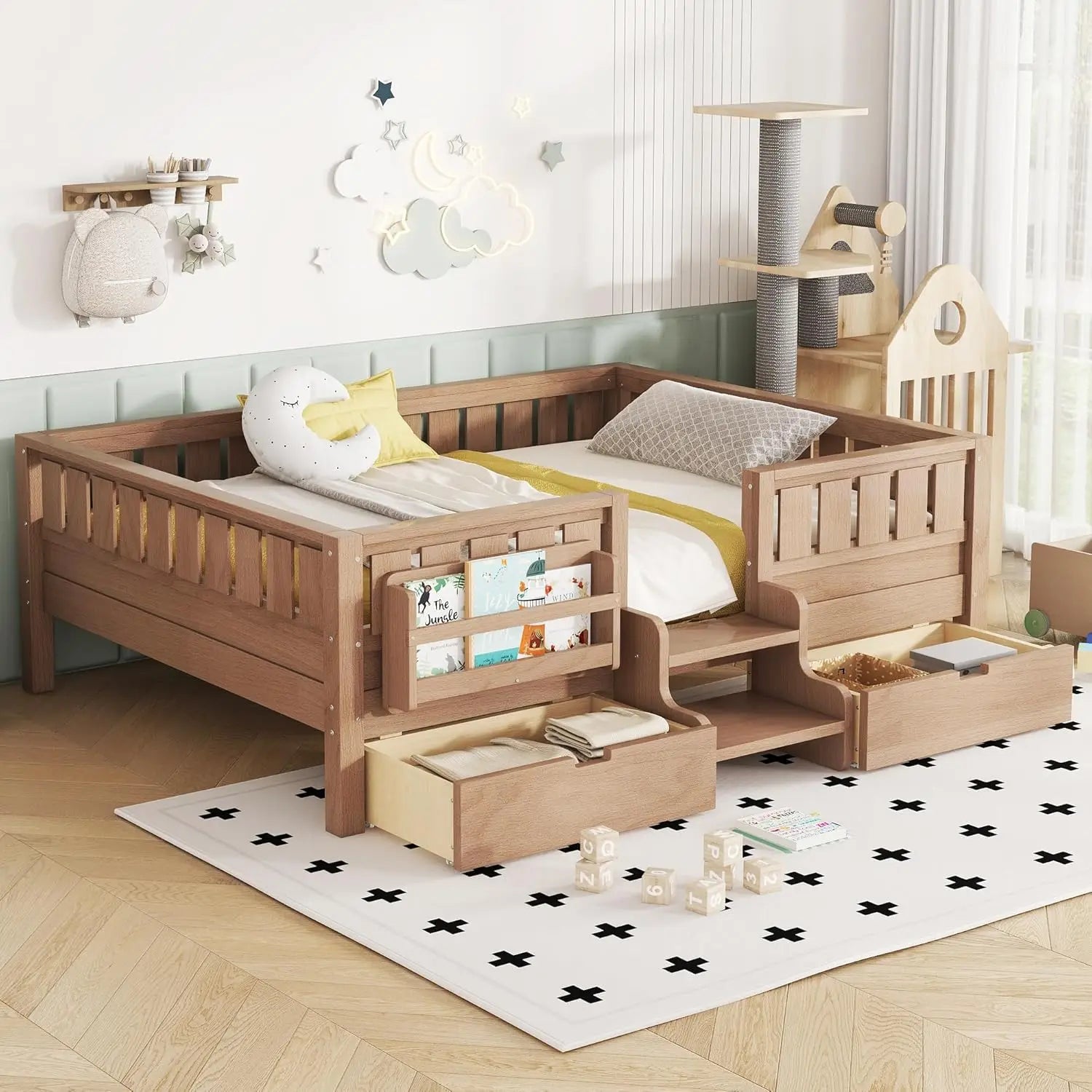 Full Size Kids Montessori Bed Frame with Stairs Bookshelf Drawers Storage Low Profile, Customized