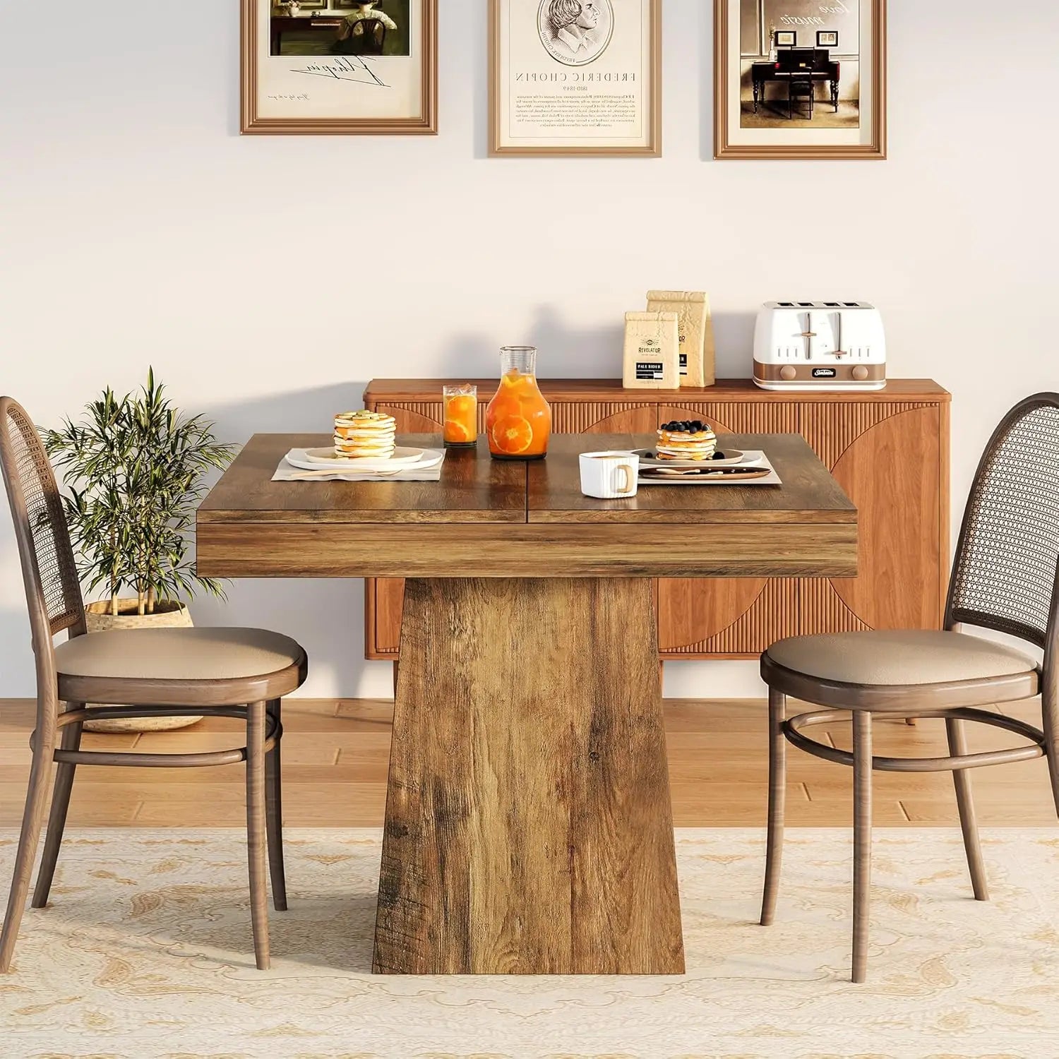 Square Dining Table with Sturdy Pedestal Base, Farmhouse Dining Room