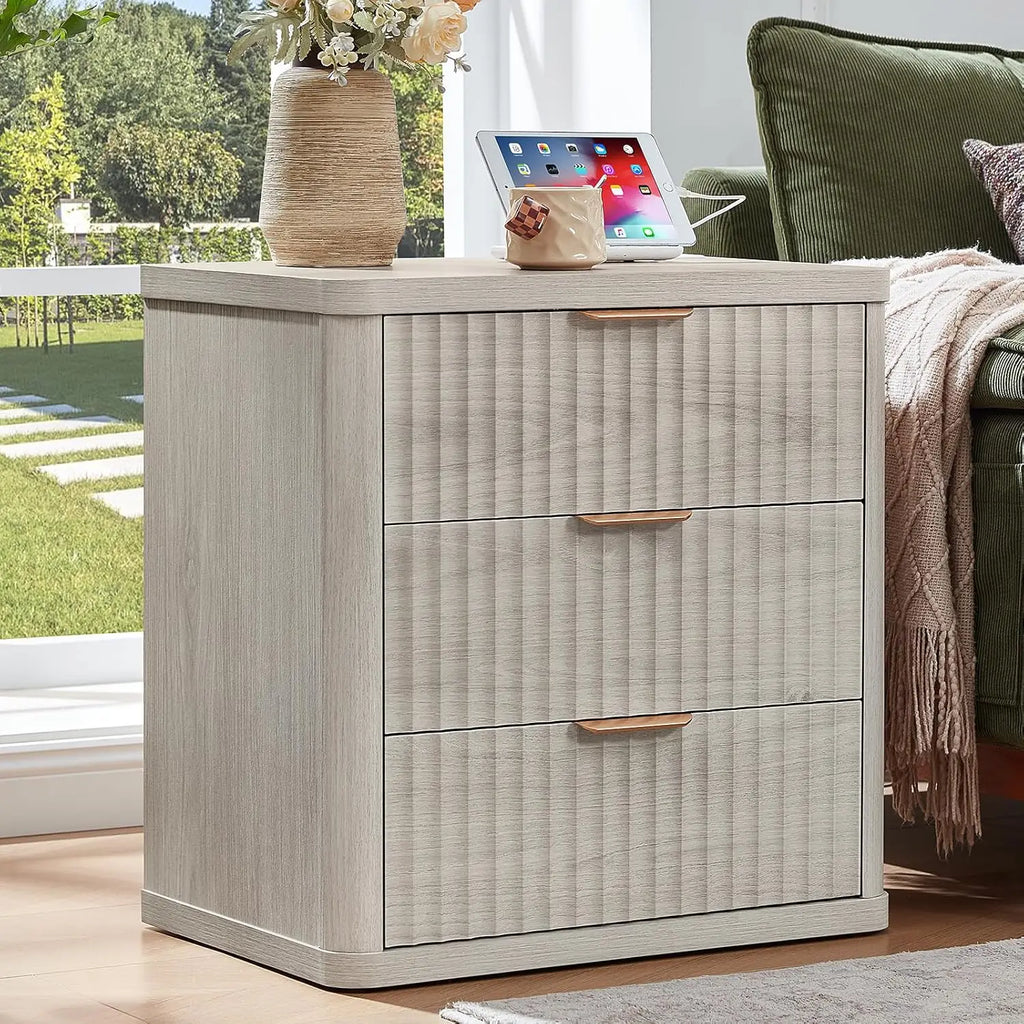23" Wide Fluted Night Stand with Charging Station, 3 Drawers