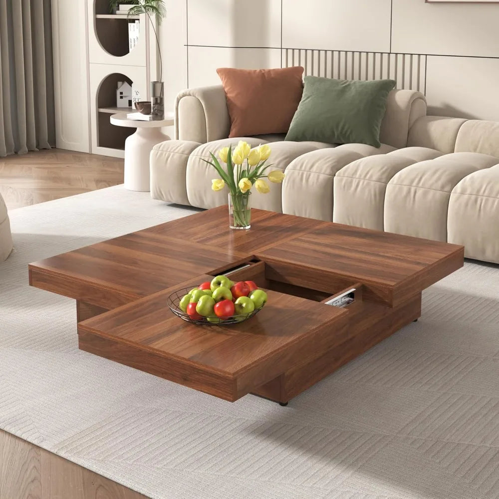 39.4'' Square Marble Veneer Coffee Table with Sliding Top & Ample Storage Walnut Finish, Modern and Sturdy MDF Design for