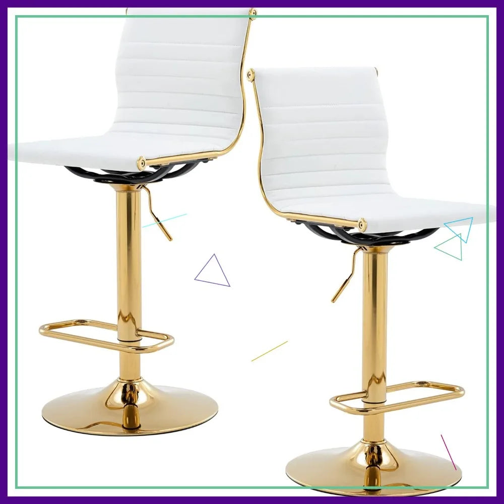 Adjustable Bar Stools Set of 2, White Faux Leather Counter Height Chairs with Gold Base, 360° Swivel