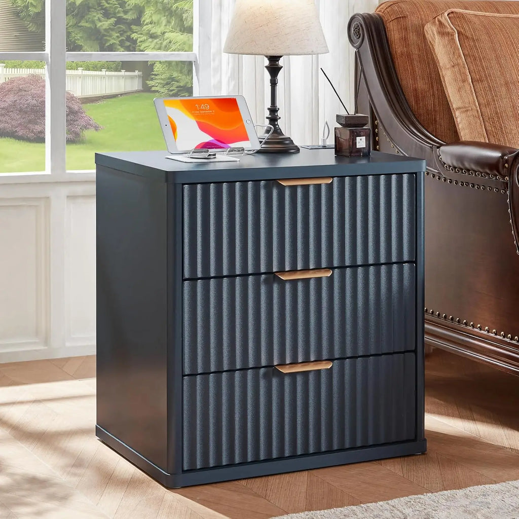 23" Wide Fluted Night Stand with Charging Station, 3 Drawers