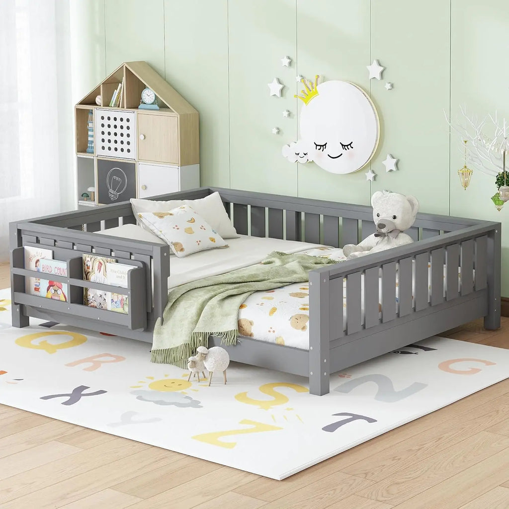 Full Size Kids Montessori Bed Frame with Stairs Bookshelf Drawers Storage Low Profile, Customized