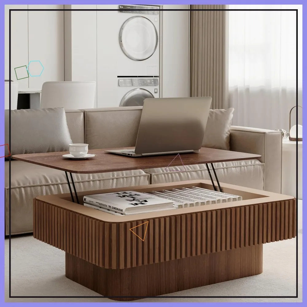Modern Lift Top Coffee Table with Storage, Walnut Wood Fluted Design for Living Room Office